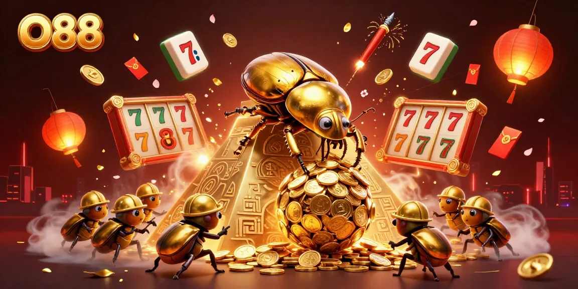 Experience thrilling gameplay at O88 with golden coins, jackpot slots, and vibrant casino elements in this dynamic scene.