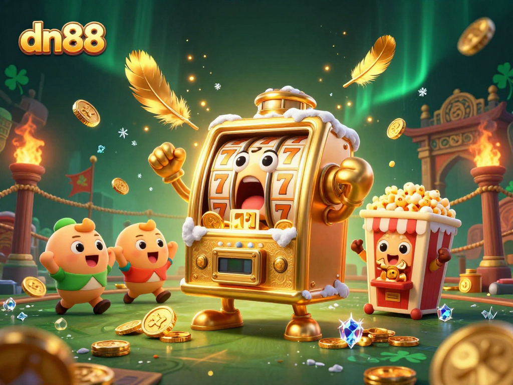 Win big with dn88 at a vibrant casino scene featuring a jackpot-winning golden slot machine.