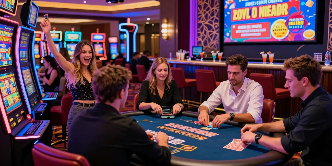 Exciting non UK casinos scene with players enjoying different games, colorful lighting, and vibrant atmosphere.