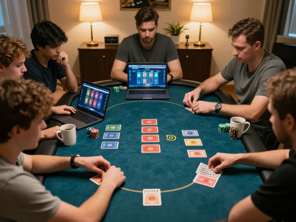 Players engaging in online poker game on various devices, illustrating vibrant casino experience with 789 p