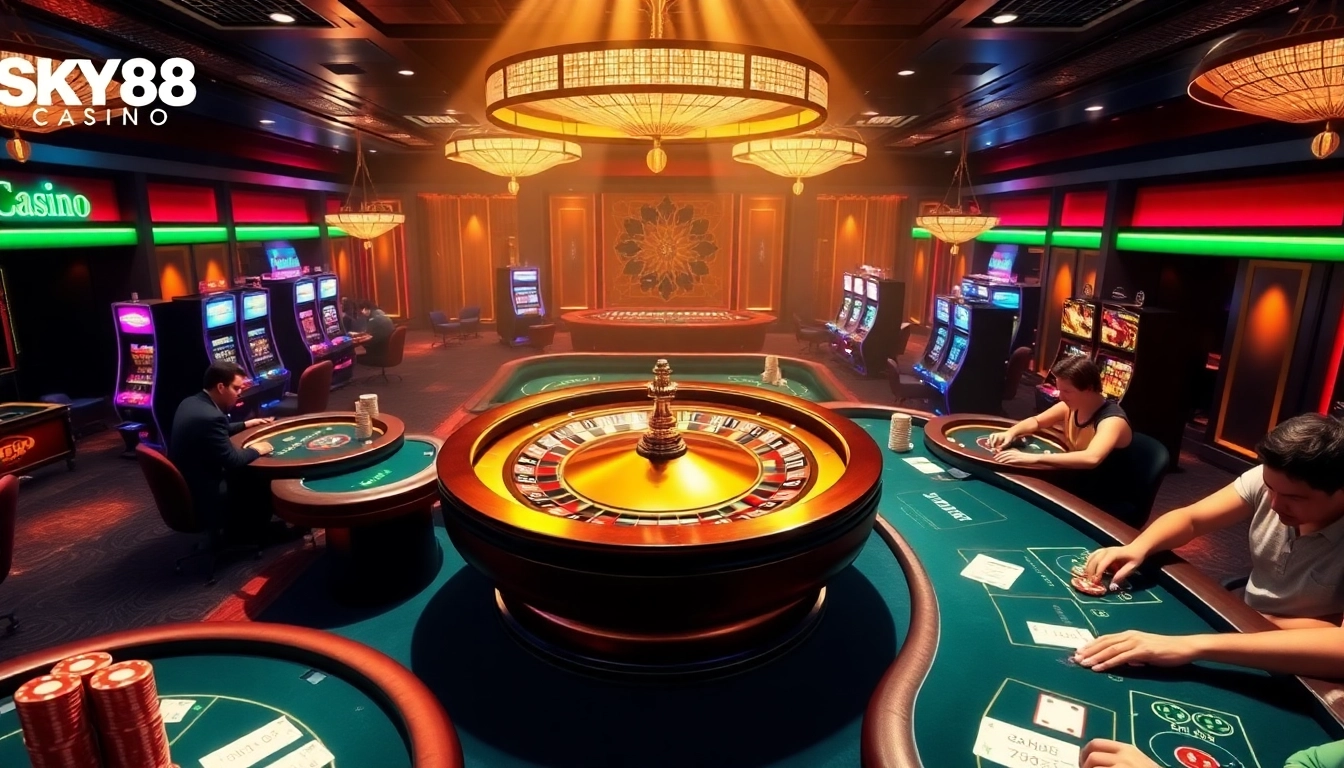 Experience the thrill at SKY88 Casino with vibrant tables and spinning roulette.