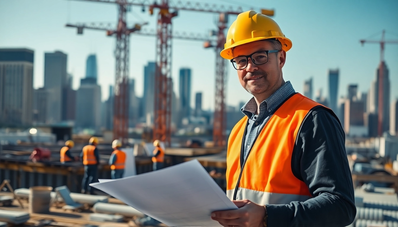 New York Construction Manager coordinating a bustling construction site with blueprints.