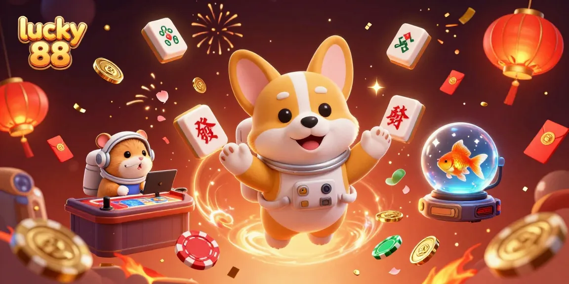 Experience luck in the vibrant lucky 88 casino scene filled with festive Chinese symbols and playful characters.