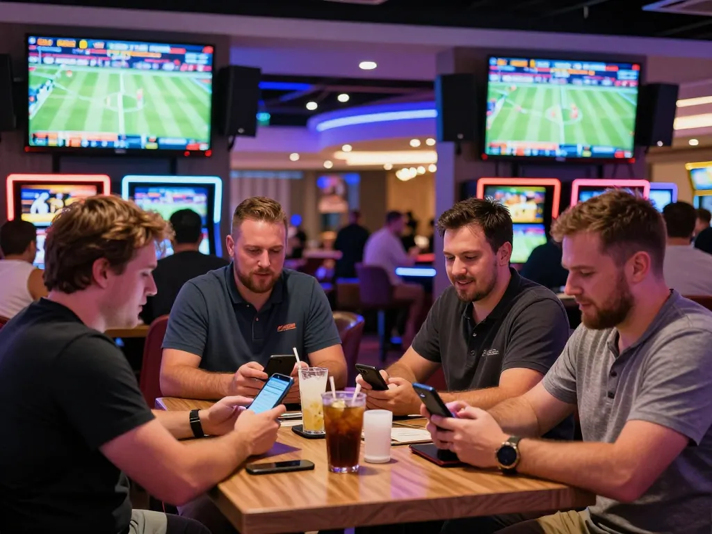 Patrons placing live bets on sports events at a modern debet lounge, enhancing the gaming experience.