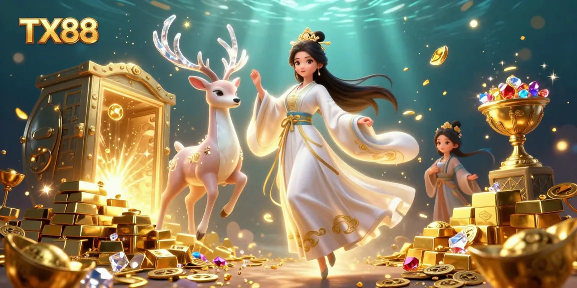 Engage with TX88 in a luxurious casino scene featuring gold treasures and a celestial ambiance.