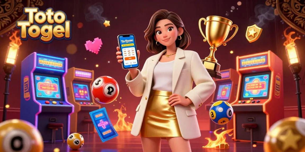 Engage in Toto Togel excitement with a friendly Asian woman showcasing a betting app in a vibrant scene.