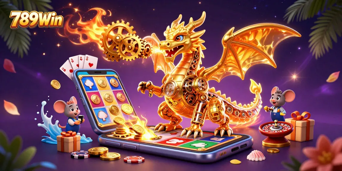 Experience the thrill at 789Win with a vivid 3D casino scene featuring festive gaming elements.