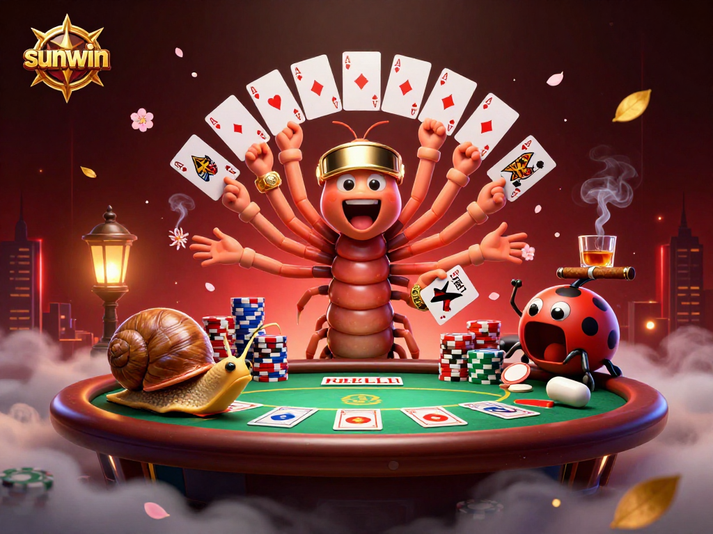 Experience the thrilling sunwin poker night with millipede dealer and high-roller characters!