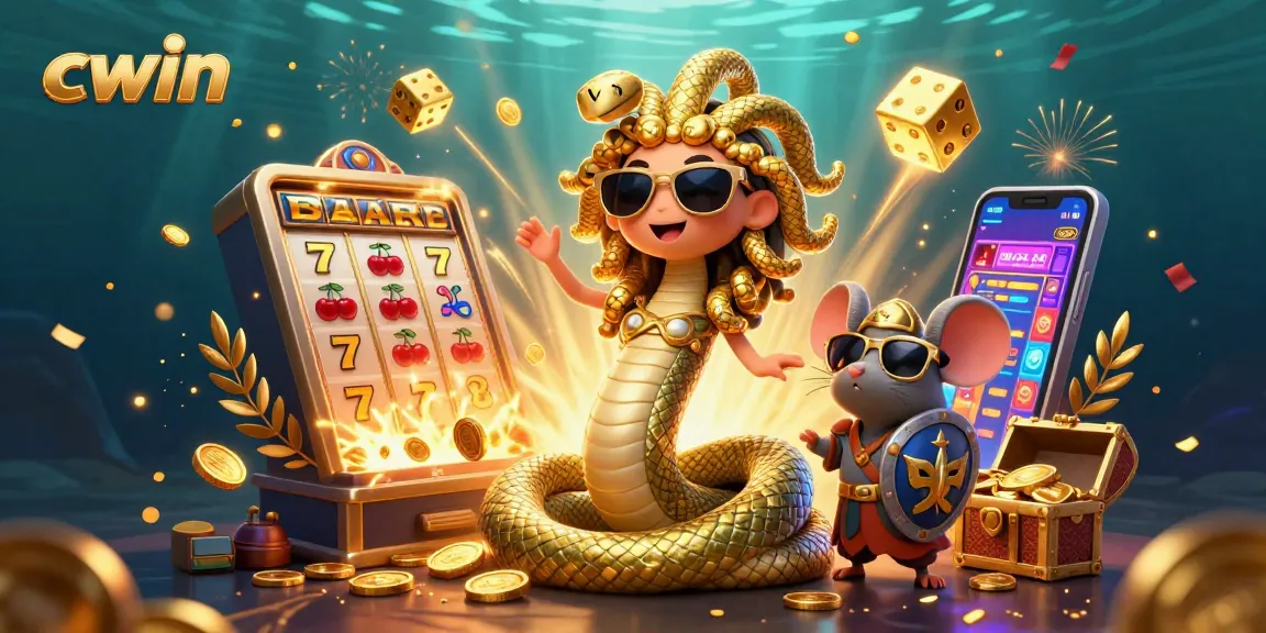 Experience the vibrant 3D world of cwin with Medusa and a warrior mouse amidst jackpot symbols.