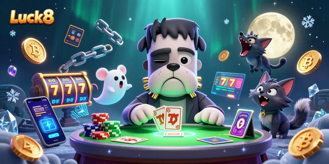 Luck8 showcases a 3D cartoon Frankenstein bulldog dealing cards at a vibrant casino table, surrounded by whimsical crypto elements.