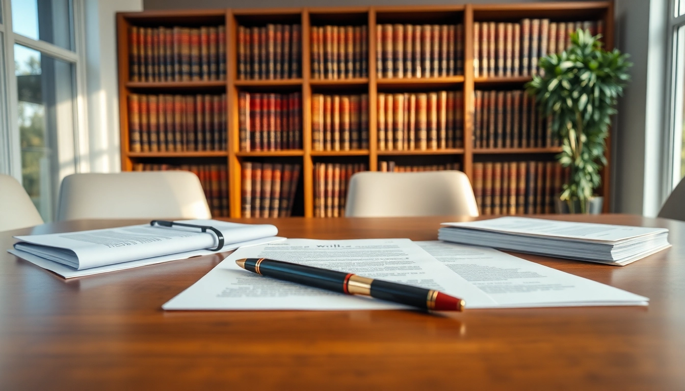 Creating wills with legal documents and tools in a bright, professional office.