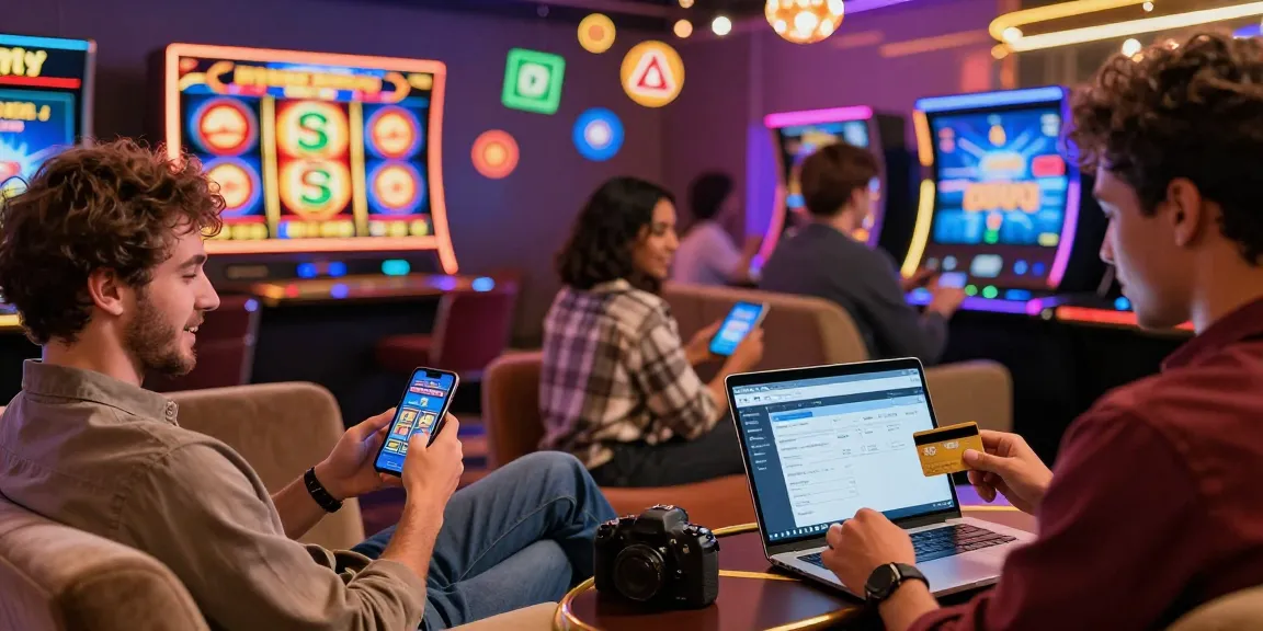 Exciting scene of players enjoying credit card casinos on various devices in a vibrant online gaming environment.