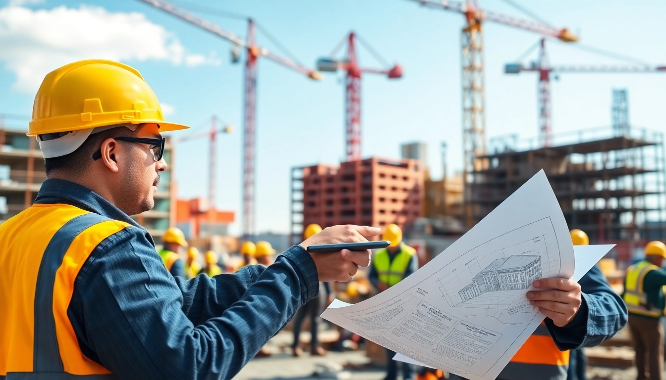 New York Construction Manager guiding construction activities amidst workers and machinery.