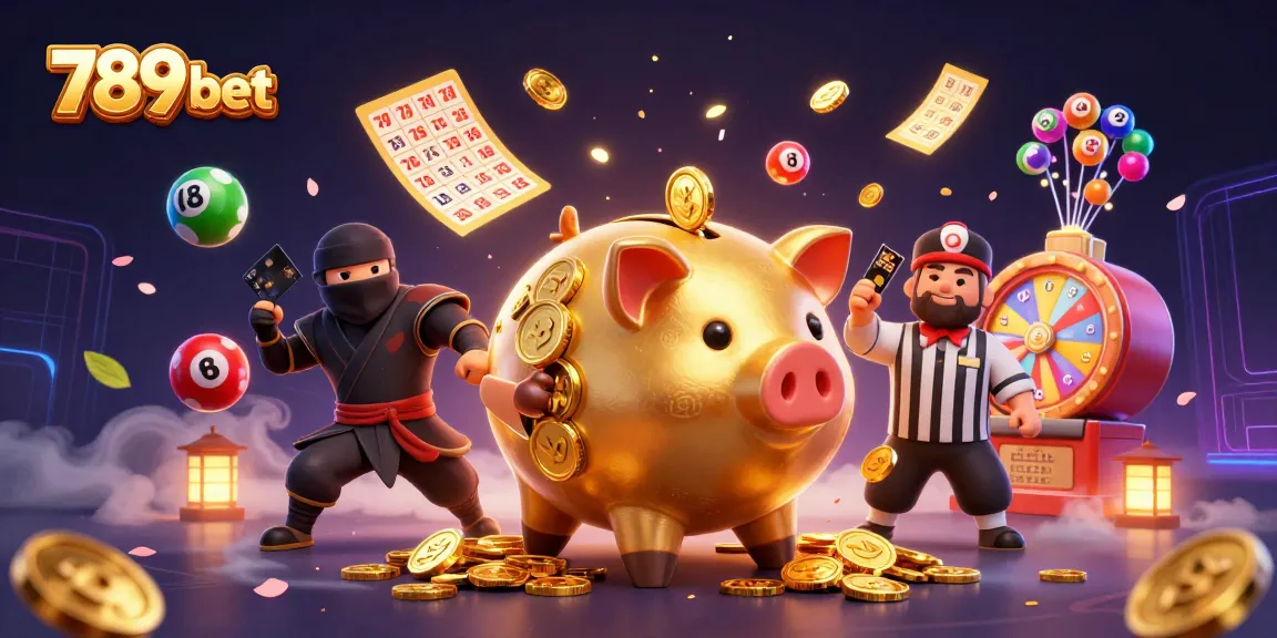 Engage in thrilling gameplay with 789 bet featuring a golden piggy bank sumo wrestler and colorful lottery elements.
