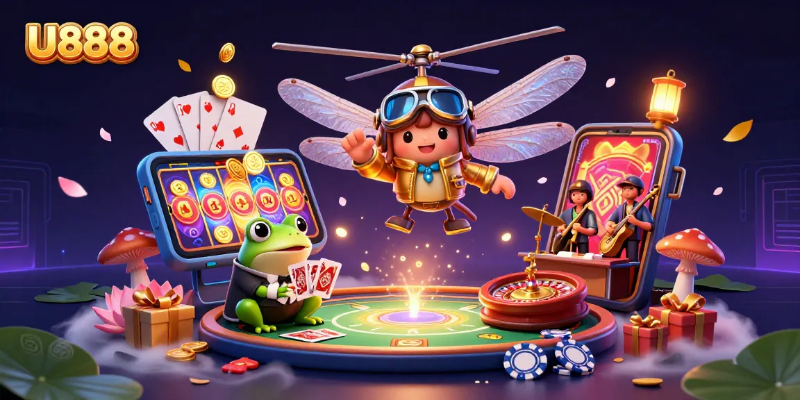 U888 showcases a dynamic casino scene with a dragonfly pilot, frog croupier, and jazz musicians.