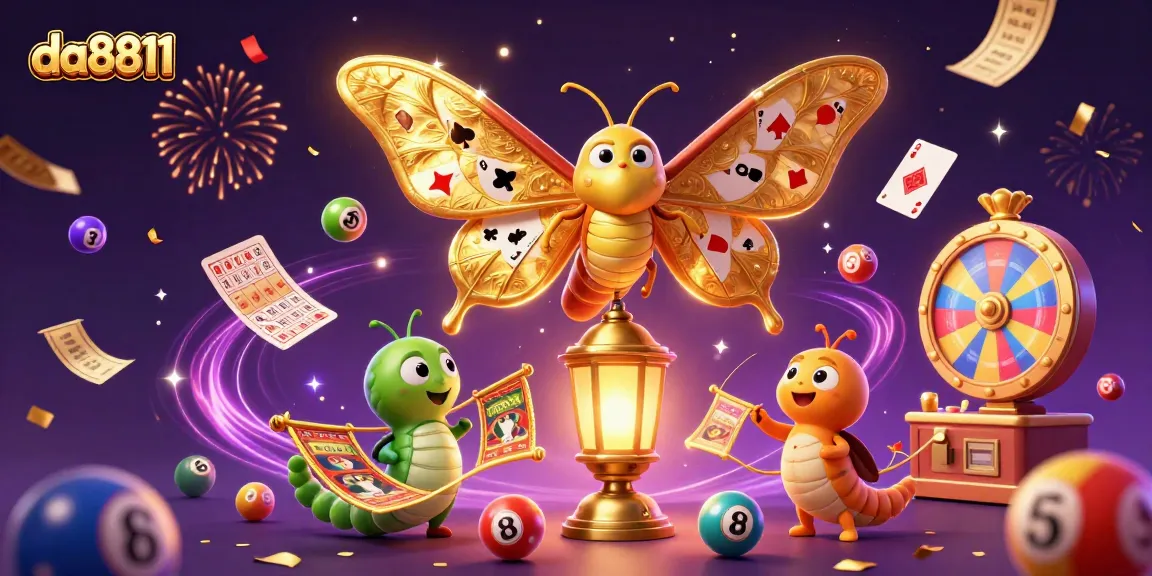 Engage in thrilling gaming with da8811, featuring vibrant lottery balls, a striking moth, and casino elements.
