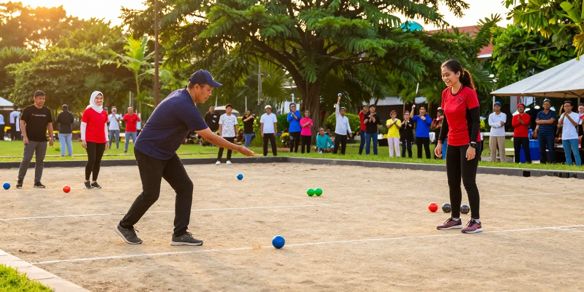 Community petanque game scene at fopikotamakassar.org, showcasing players enjoying the sport in Makassar.