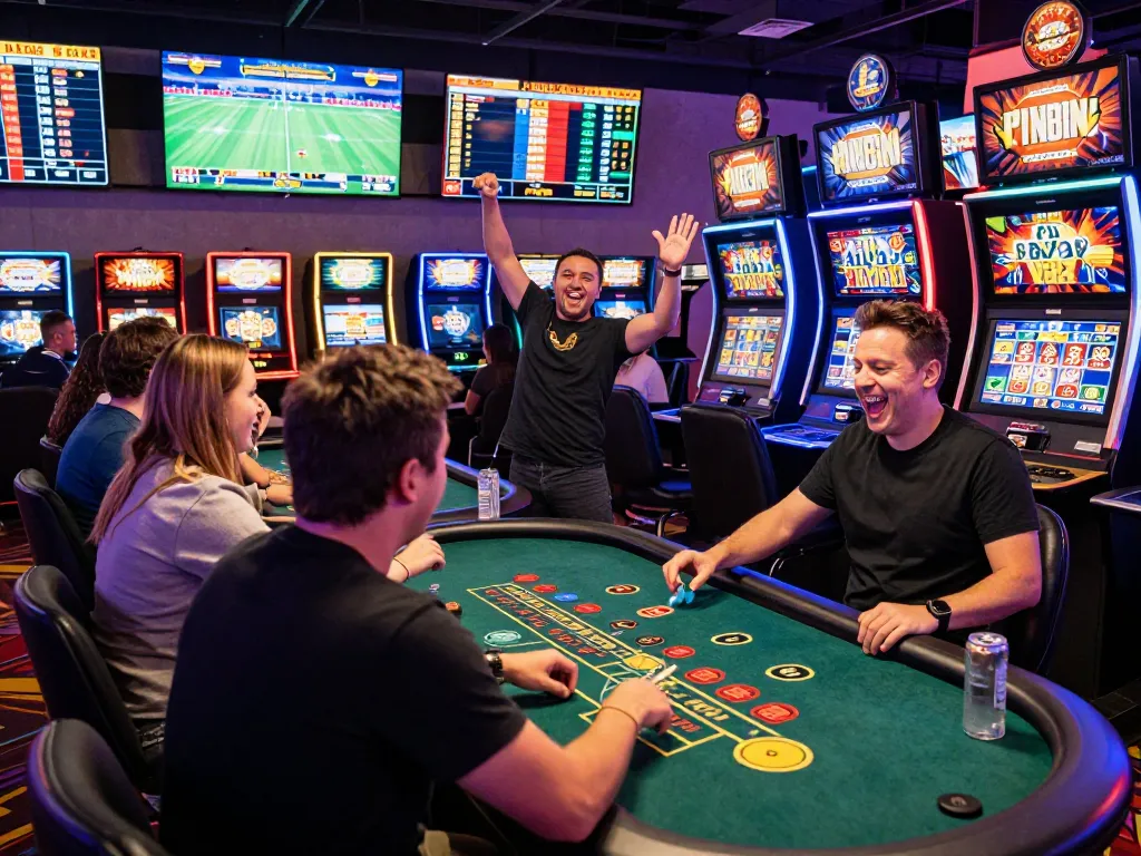 Exciting gem88 online gaming scene with diverse players engaged in casino games, colorful LED lights creating a vibrant atmosphere.