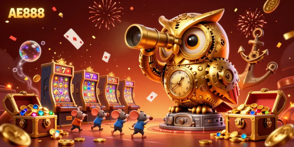 Engage in thrilling gaming moments with AE888's captivating mascot in a vibrant casino scene.