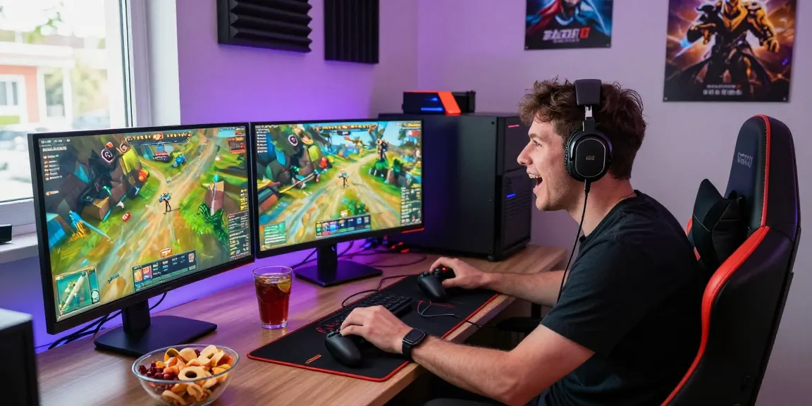 ZONA66 gaming scene with enthusiastic player immersed in dynamic online gameplay and vibrant setup.