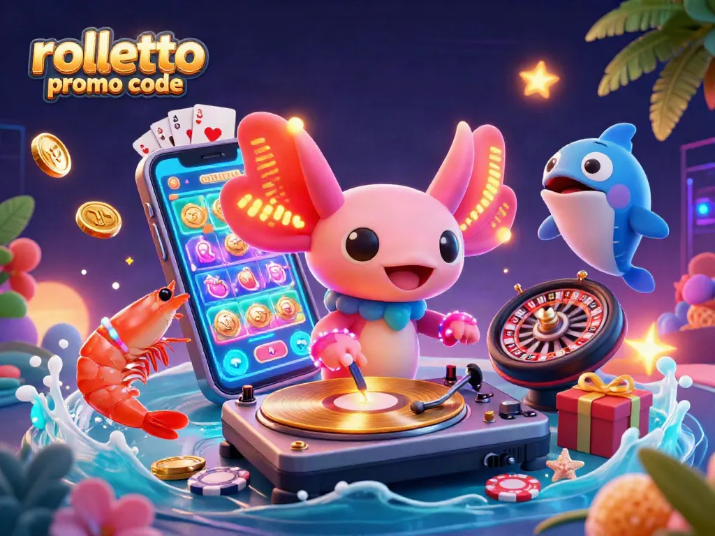 Engage with the rolletto promo code for exciting casino bonuses as a neon axolotl DJ spins tunes.