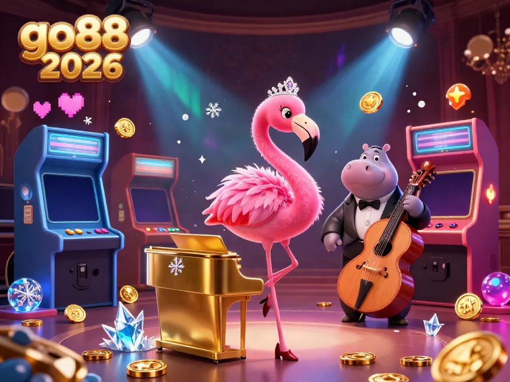 Engage in the vibrant world of go88 2026 with a lively casino scene featuring a flamingo singer and hippo bassist.