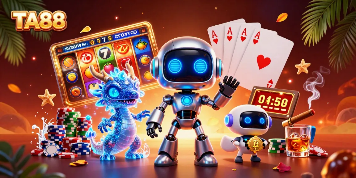 Engage in thrilling slots and jackpots at TA88 with neon-lit characters and vibrant casino elements.