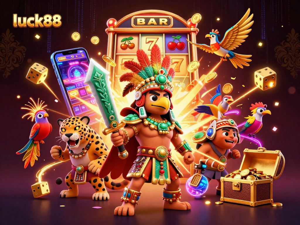 Spin luck88’s vibrant slot machines while an Aztec warrior battles for jackpots in a lively casino.