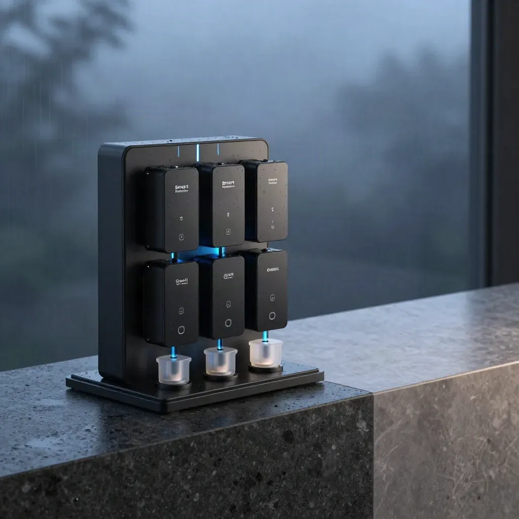 Black-glass Smart Reaction suite with glowing blue modules on a wet stone plinth at blue hour.