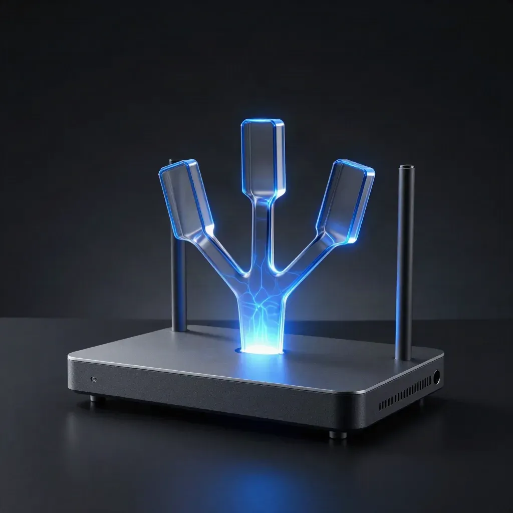Translucent alert router with three blue branching signal paths in a dark studio