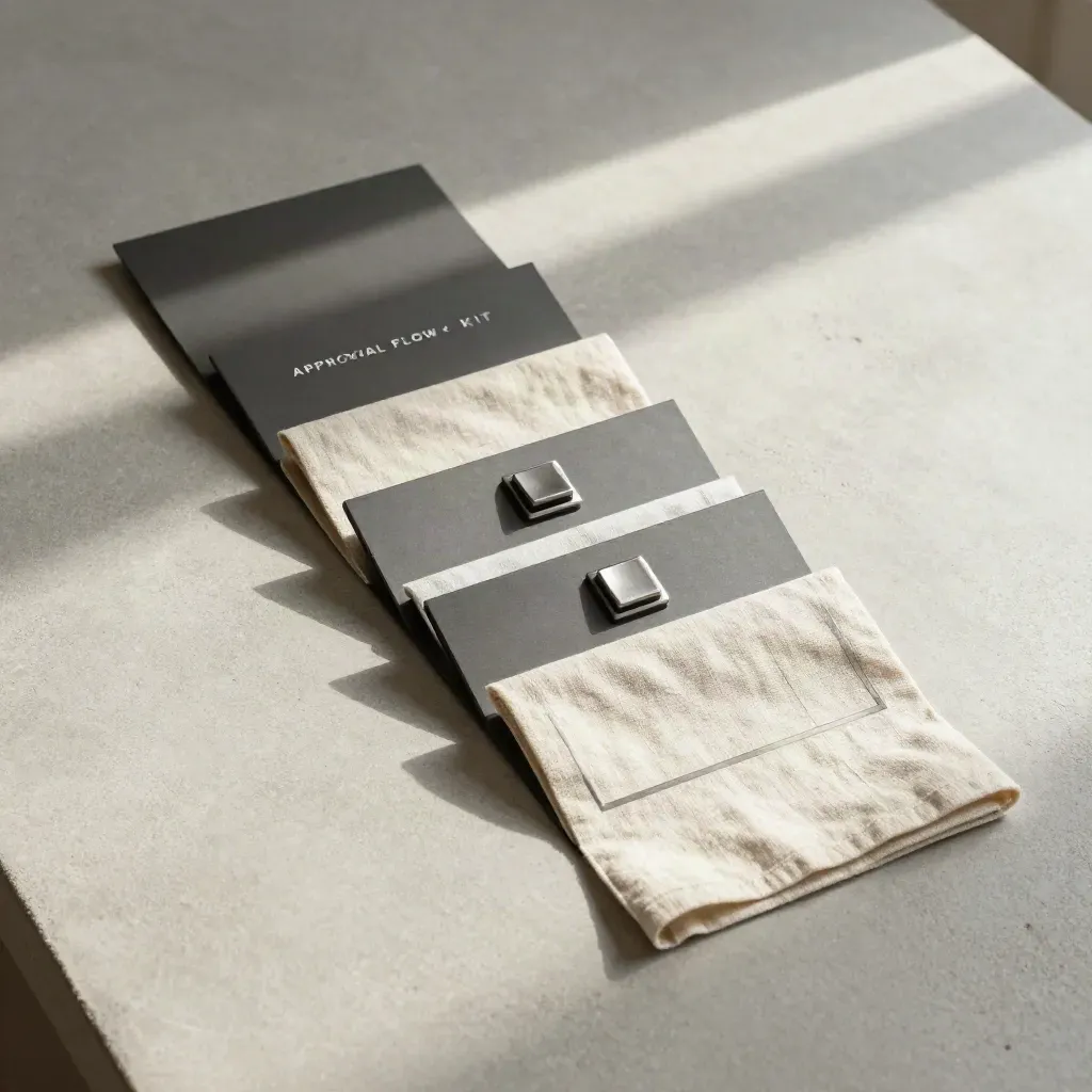 Overhead flatlay of modular approval tiles, a raised switch, and pale fabric on concrete.