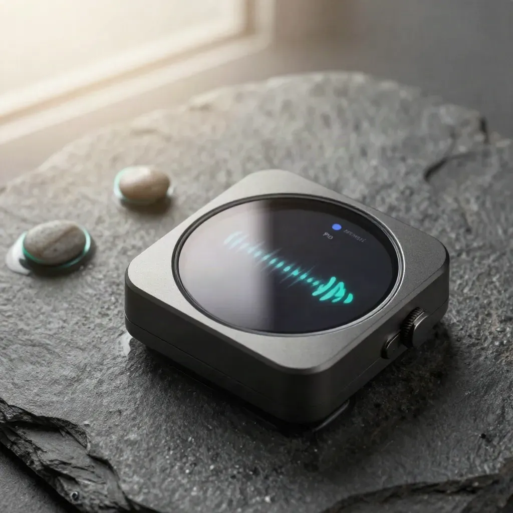 Graphite reaction device on wet slate with teal pulse, mist, and stone sheen from above