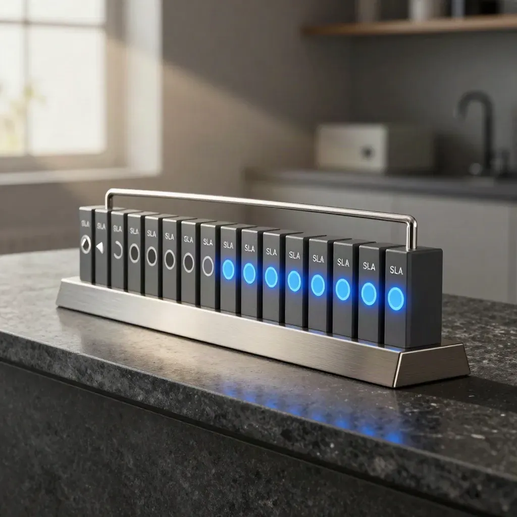 Ops Signal Board with glowing status rings and queue blocks on brushed metal, low three-quarter view
