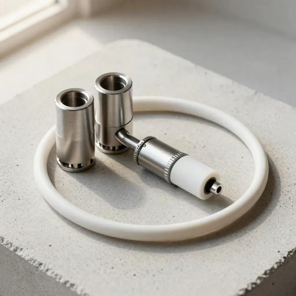 Macro API connector on pale concrete, with cable loop and handshake node in soft light.
