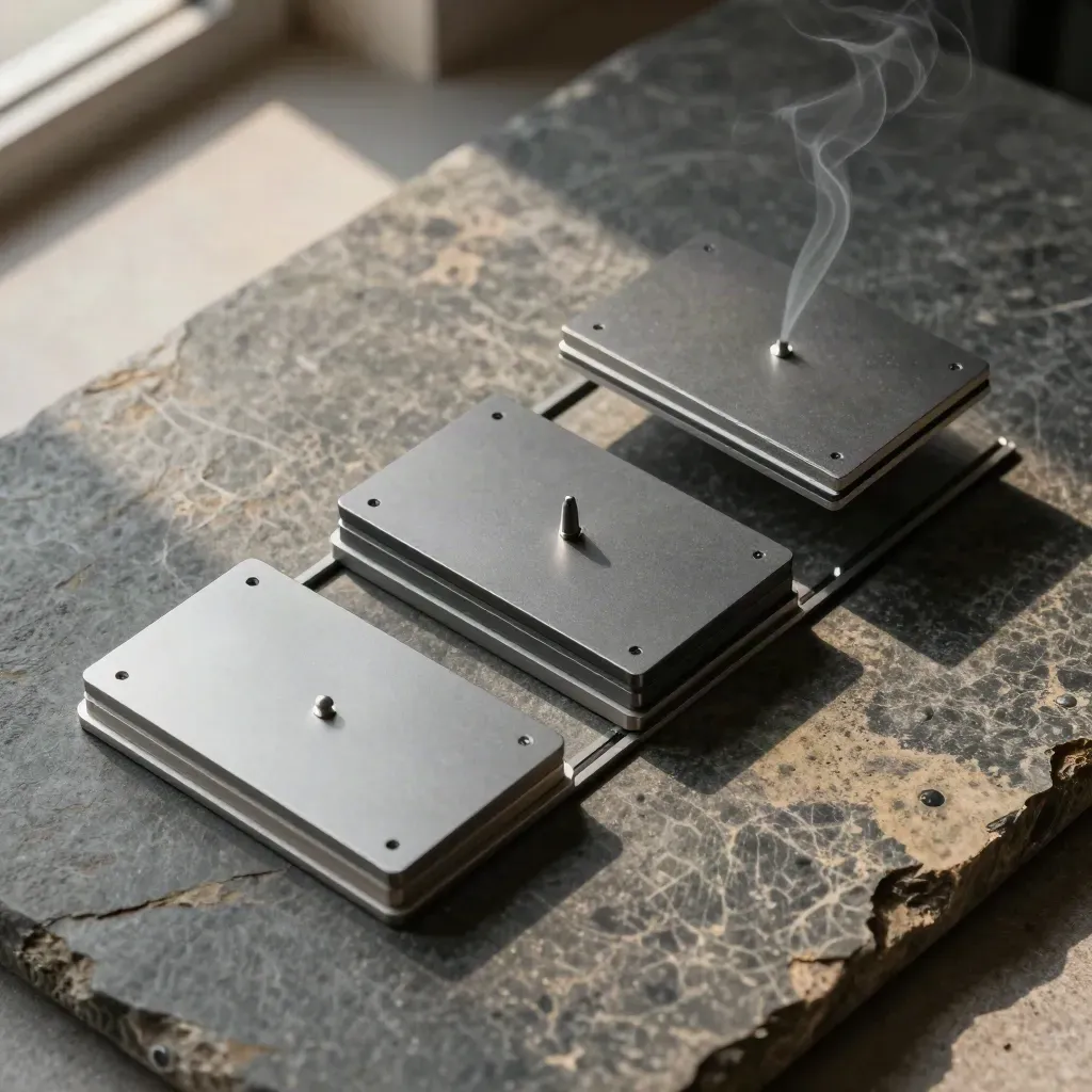Overhead flatlay of stepped graphite routing modules on dark stone, with a lifting lead peg.