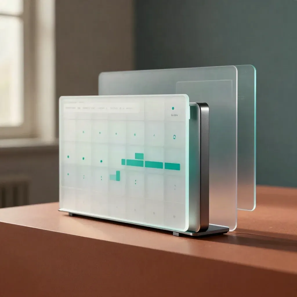 Luminous dashboard tiles with live dots and queue bars on a terracotta plaster plinth.