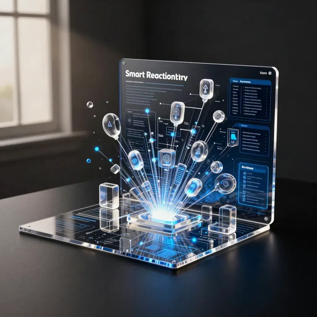 Glowing acrylic software modules bursting on a dark surface in a dramatic studio setup.