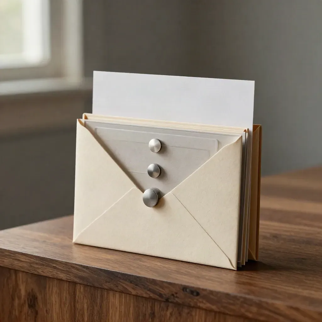Email triage kit modules fanned on a walnut plinth with soft studio light and haze.