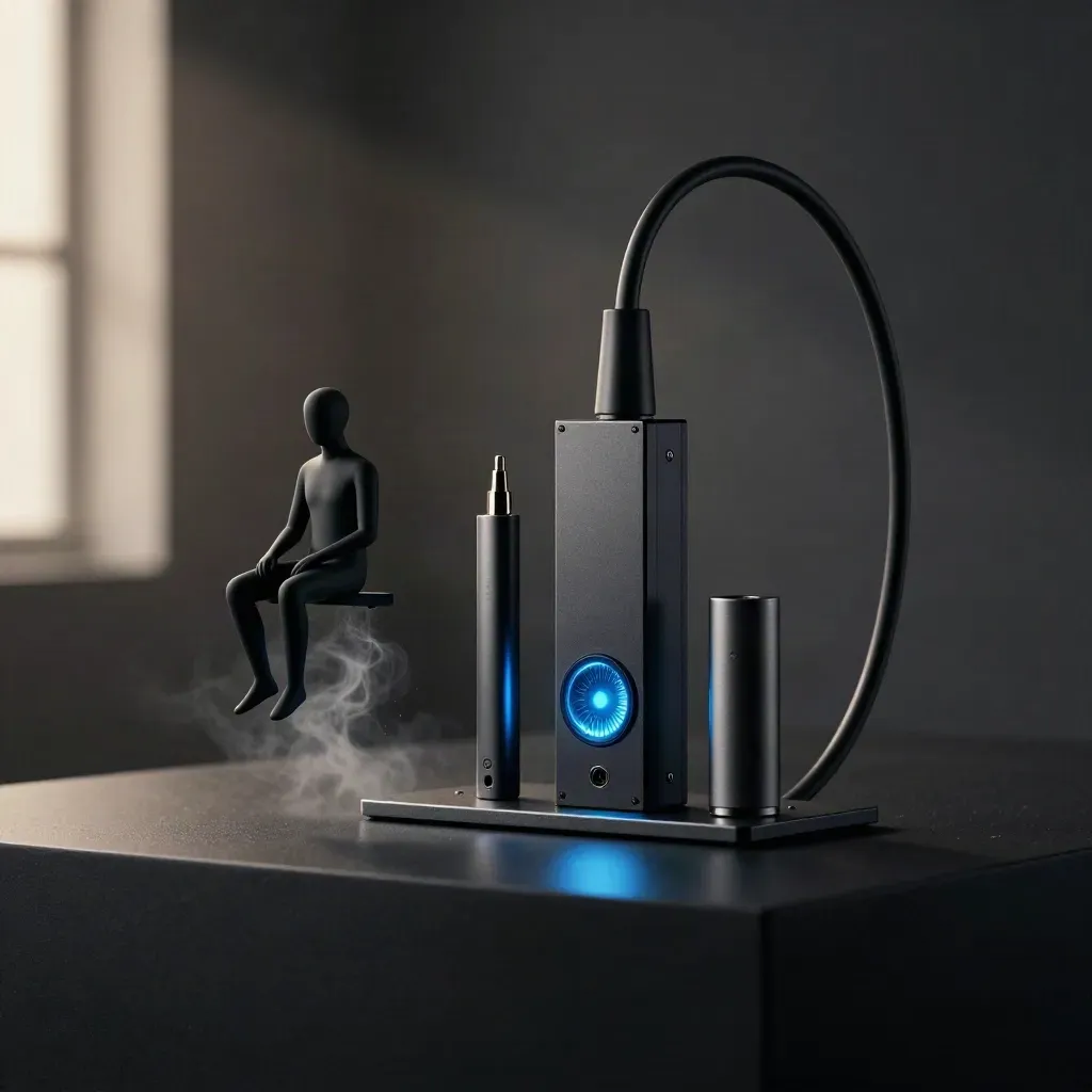 Dark webhook monitor module with glowing pulse ring, cable arc, and relay nodes on black plinth.