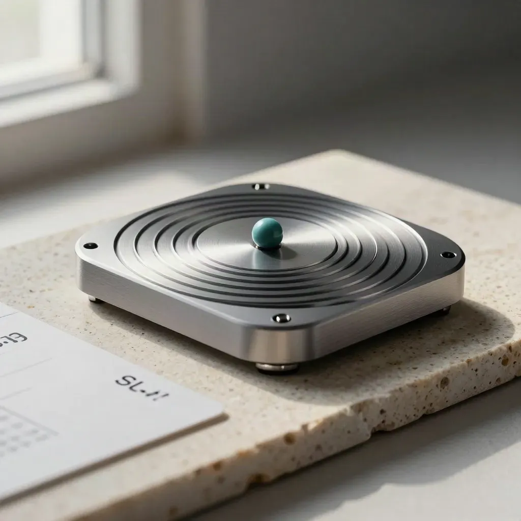 Close-up of a slim SLA timer board with stepped rings and a teal marker bead on stone.