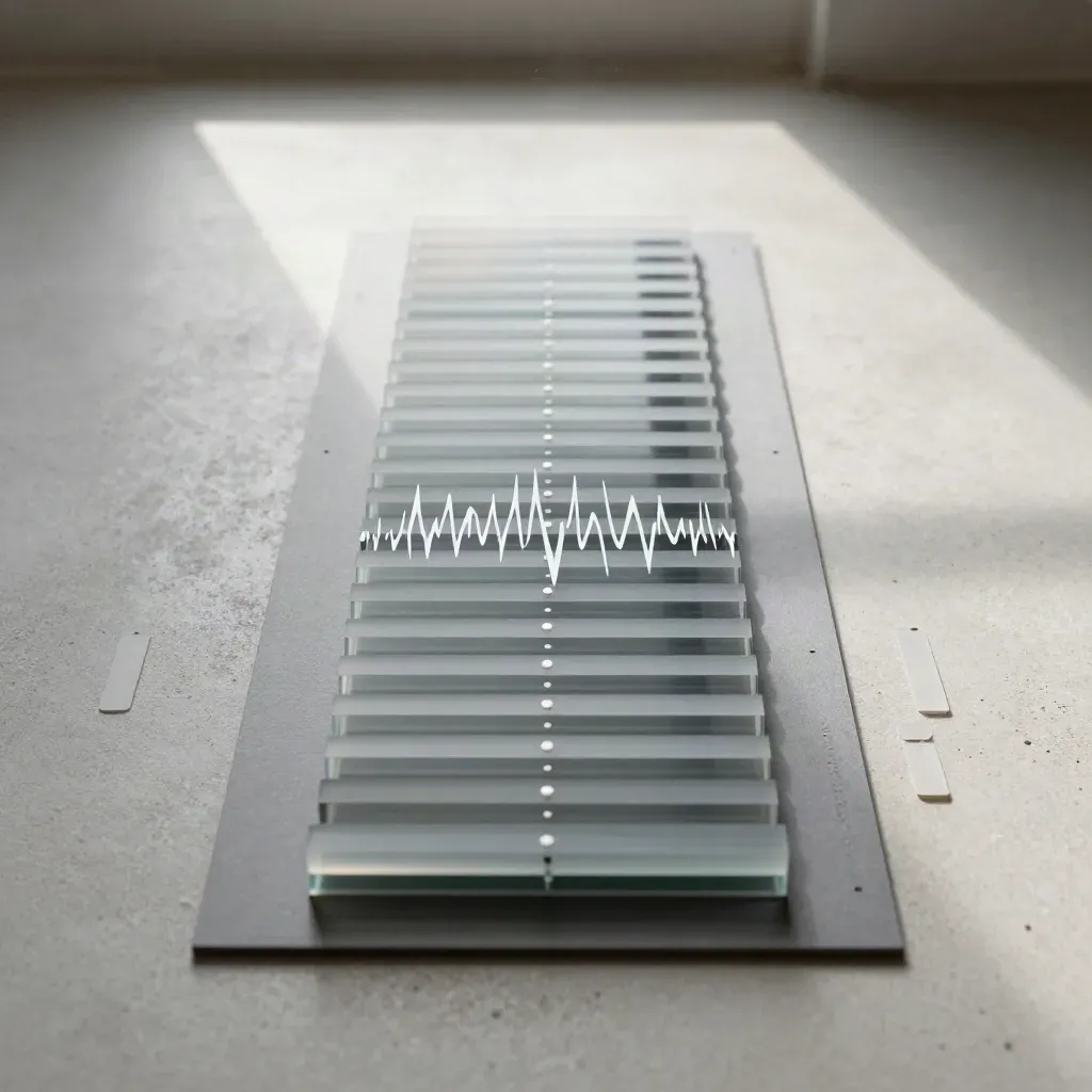 Translucent feed slats with white pulse markers on pale concrete, seen from above.