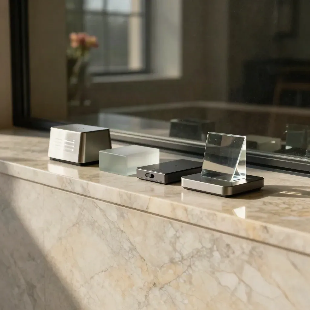 Marble ledge with alert-routing modules beside a dark glass wall, softly lit and airy.