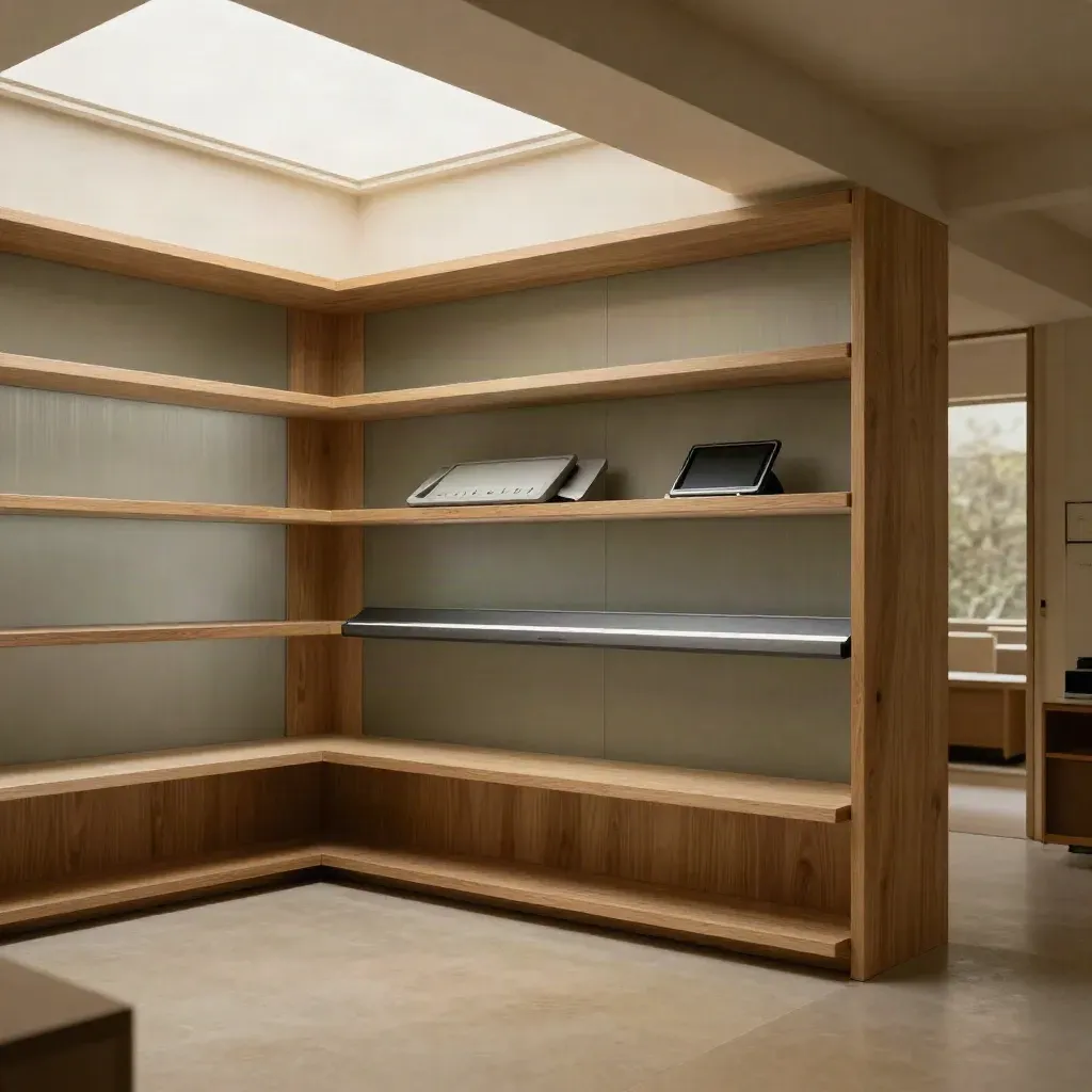 Warm oak meeting alcove with frosted glass, skylight glow, and calm copy space.