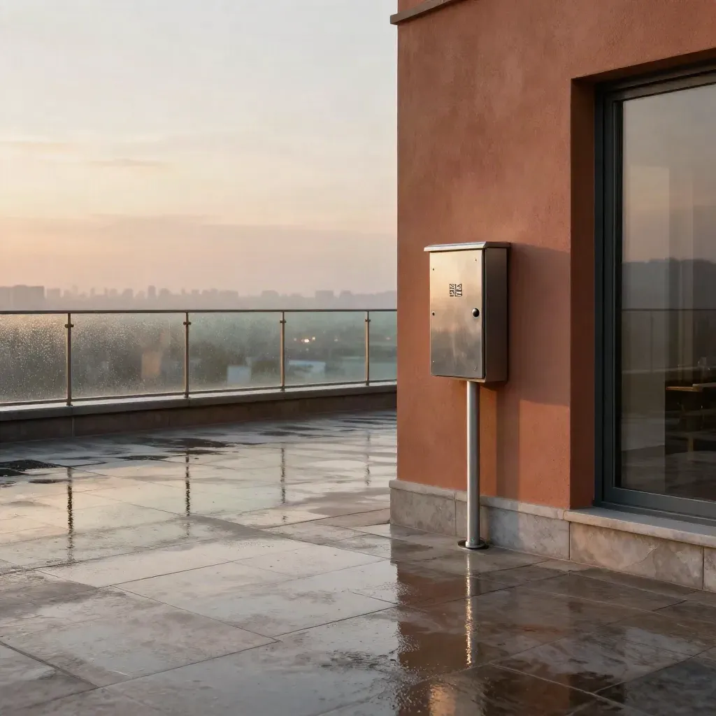 Rain-washed rooftop terrace with city glow and a subtle smart-response hub at sunset.