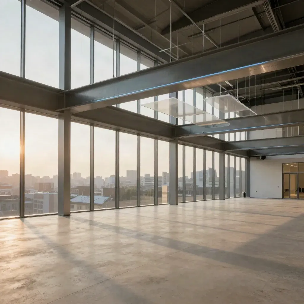 Modern atrium with glass beams, calm floor space, and blue-hour light.