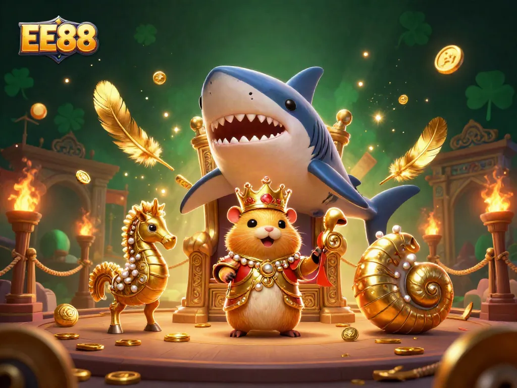Experience thrilling gameplay at EE88 featuring a golden hamster king and vibrant casino elements.