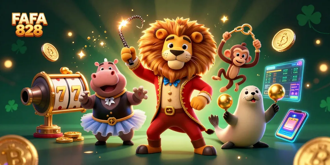 Experience the excitement of FAFA 828 with vibrant slot reels and lively casino characters.