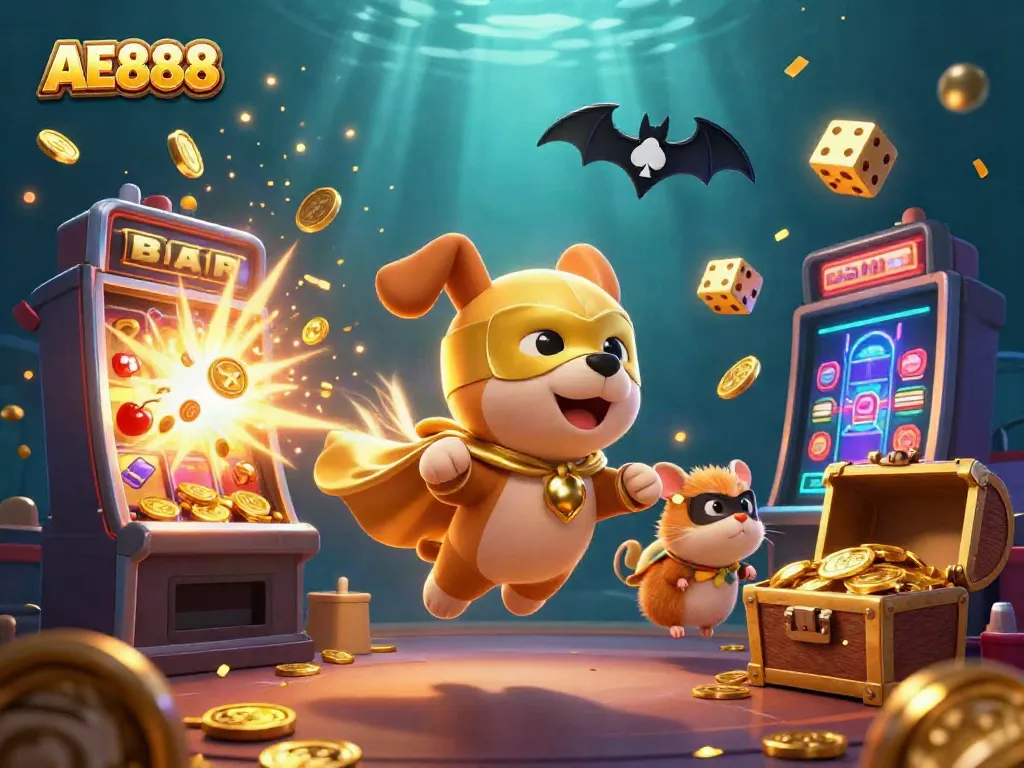 Experience the excitement of AE888 with our animated illustration featuring a superhero dog and casino elements.