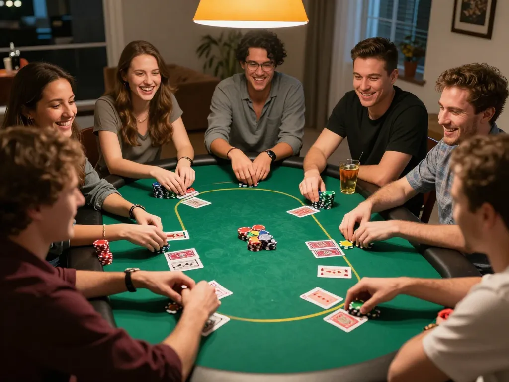 Players enjoy poker game at home, showcasing strategic fun with DA88 gambling atmosphere