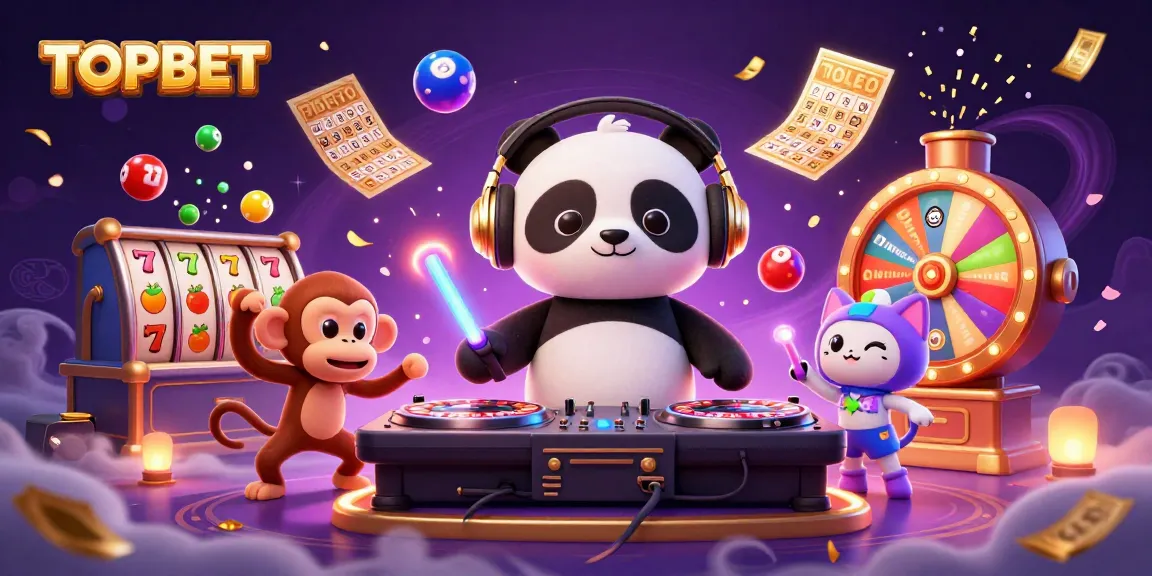 Engage in dynamic gaming excitement with TOPBET as a DJ panda, monkey, and kitten illustrate fun!